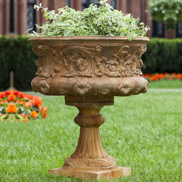 Smithsonian Morning Glory Urn on grass in backyard