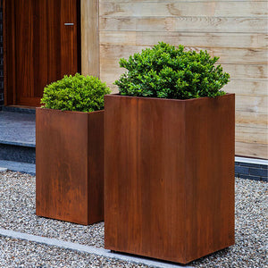 Steel Tall Cube Planter - Steel - S/2 filled with plants near door