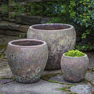 Symi Planter - Angkor Green Mist - Set of 3 on concrete in the backyard