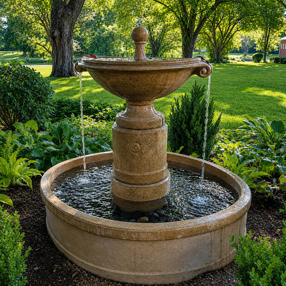 Upclose borghese in basin fountain running in backyard