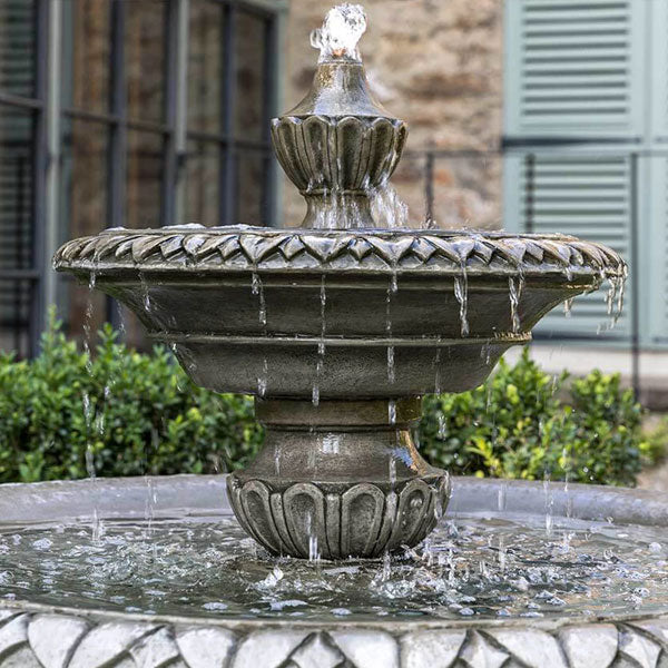 upclose Richmond Hill fountain showing top bowl with finial in-action