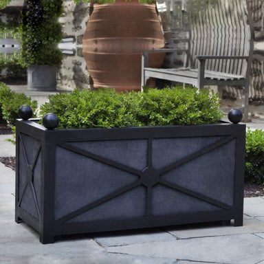 Villandry Window Box Planter - Lead Lite on concrete filled with plants