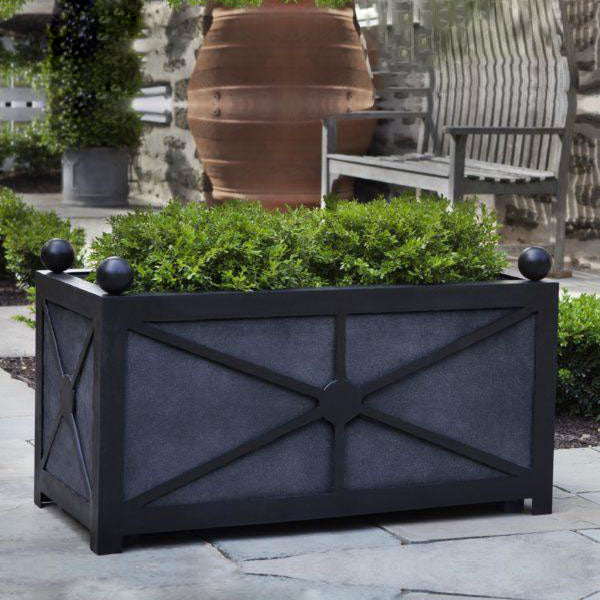 Villandry Window Box Planter - Lead Lite on concrete filled with plants